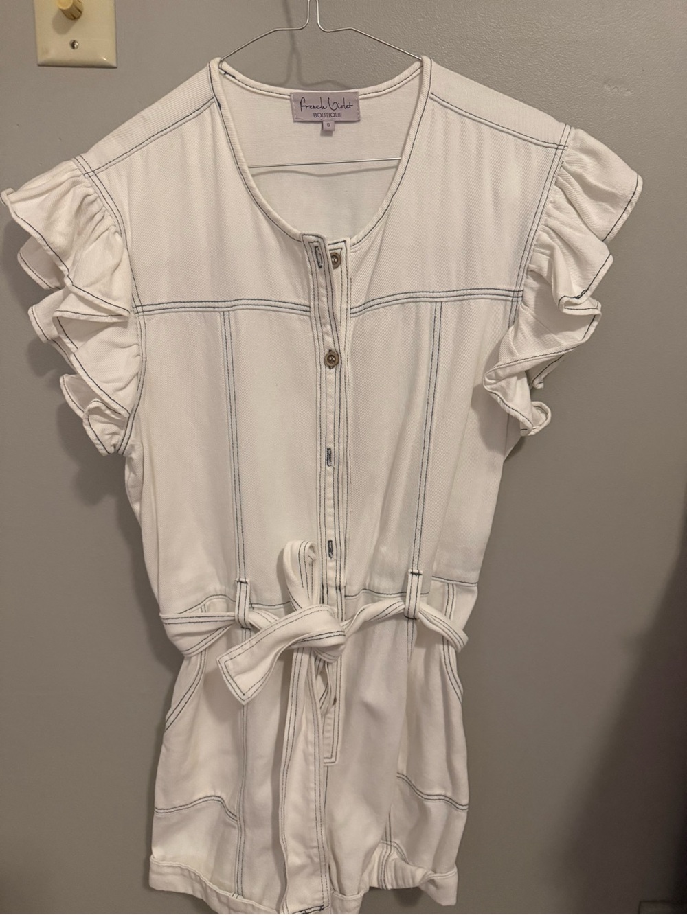 White denim romper from French Violet Boutique!